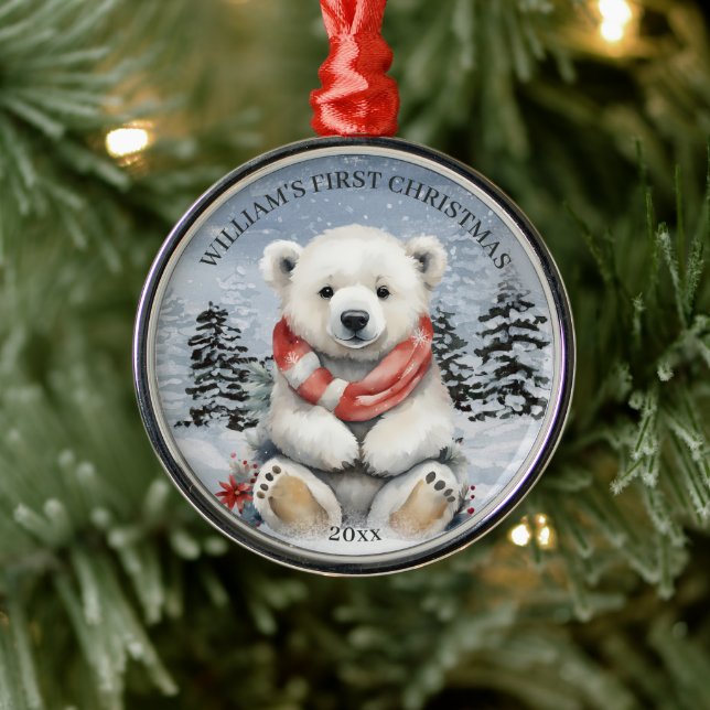 Winter Red Scarf Polar Bear Baby's First Christmas Metal Ornament (Tree)