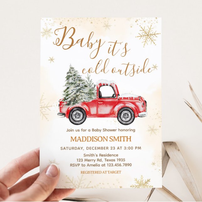 Winter Red Truck Baby Shower Invitation (Christmas Truck Baby Shower Invitation)