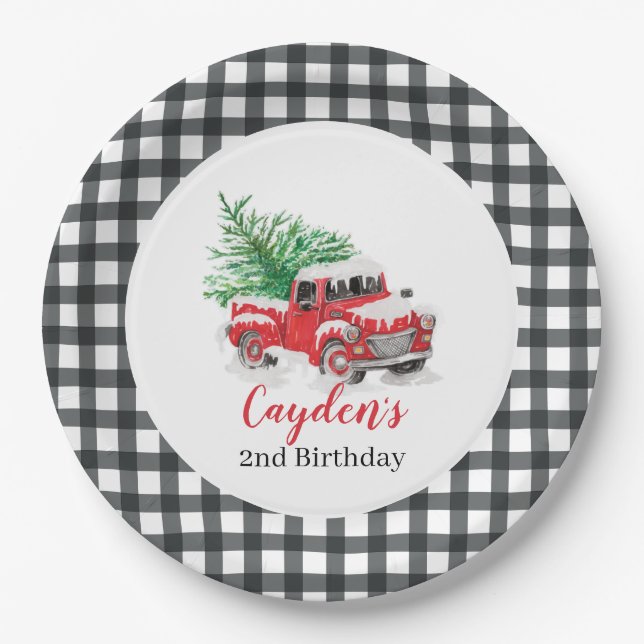 Winter Red Truck Birthday Party Paper Plate (Front)