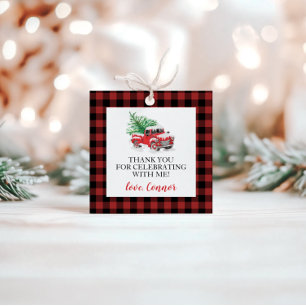 Winter Red Truck Buffalo Plaid Birthday Favour Tags