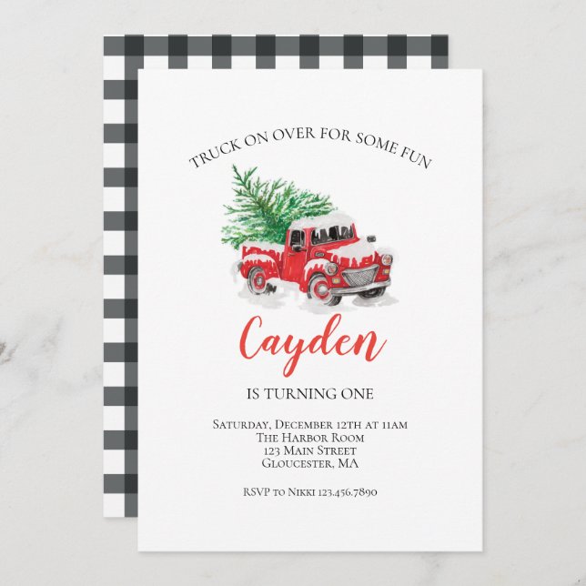 Winter Red Truck First Birthday Invitation (Front/Back)