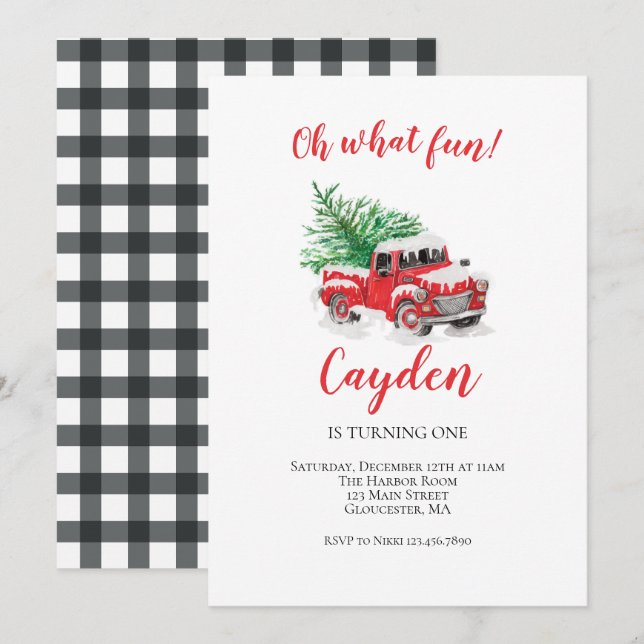 Winter Red Truck First Birthday Invitation (Front/Back)