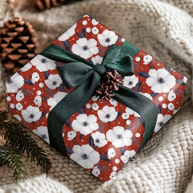 Winter Red White Christmas Floral Pattern Wrapping Paper (Creator Uploaded)