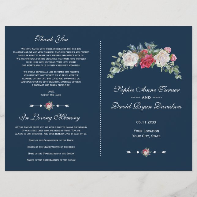 Winter Red White Flowers Berries Wedding Program (Front)
