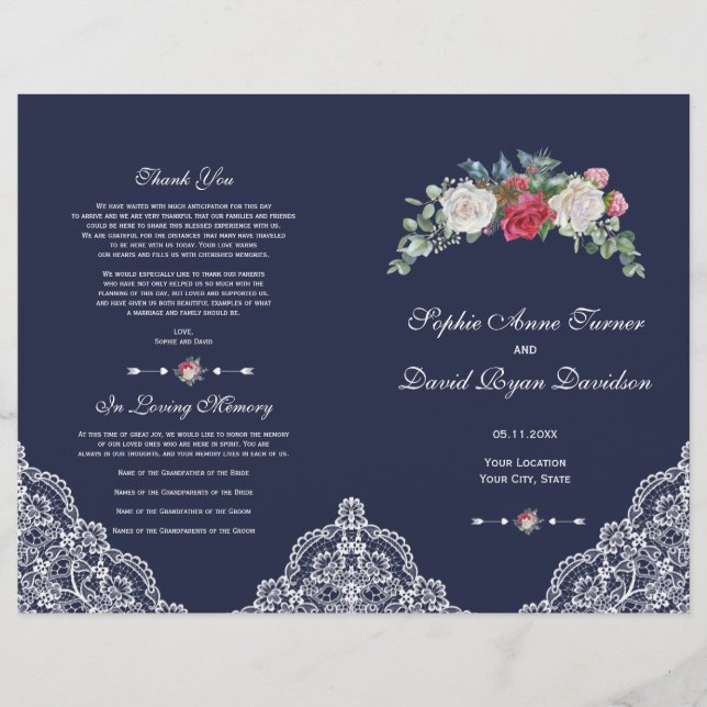 Winter Red White Flowers Lace Navy Wedding Program (Front)