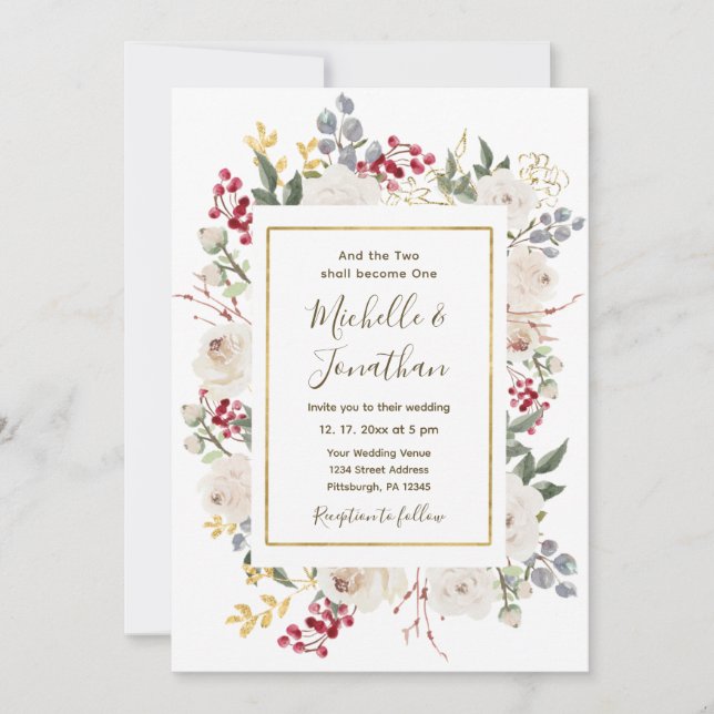 Winter Red White Gold Floral Christian Wedding Invitation (Front)