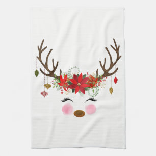 Winter Red White Gold Poinsettia Holiday Whimsical Kitchen Towel