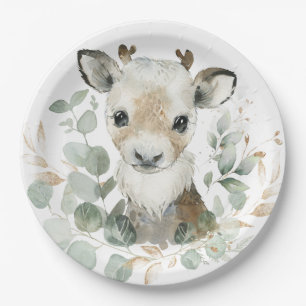 Winter Reindeer Eucalyptus Gold Baby Shower Party Paper Plate