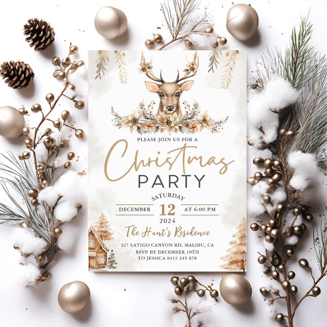 Winter Reindeer Floral Christmas Party Invitation (Creator Uploaded)