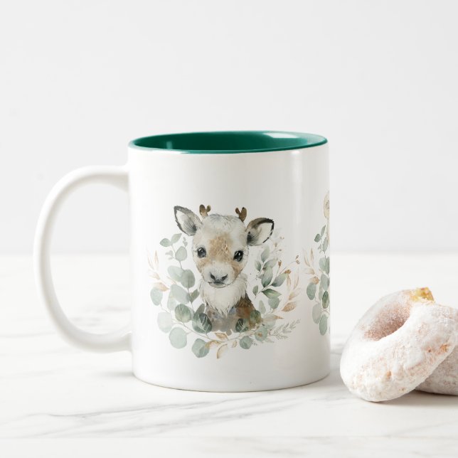 Winter Reindeer Polar Bear Penguin Greenery Wreath Two-Tone Coffee Mug (With Donut)