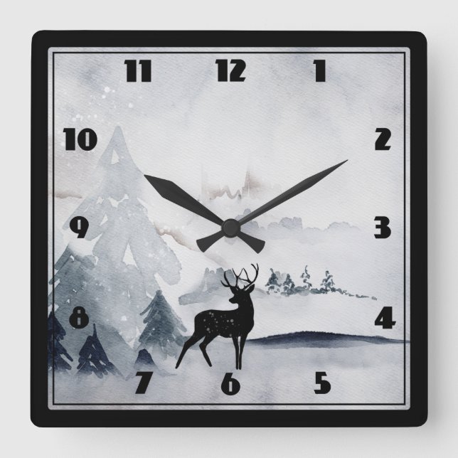Winter Reindeer Rustic Gray Watercolor Square Wall Clock (Front)