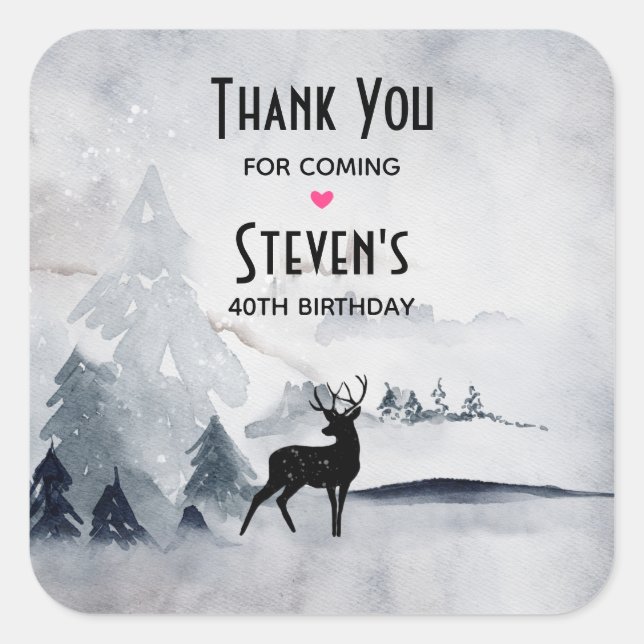 Winter Reindeer Rustic Grey Watercolor Birthday Square Sticker (Front)
