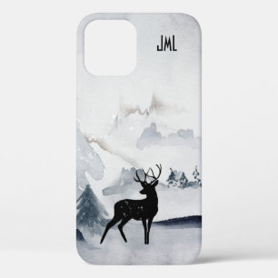 Winter Reindeer Rustic Grey Watercolor iPhone 12 Case
