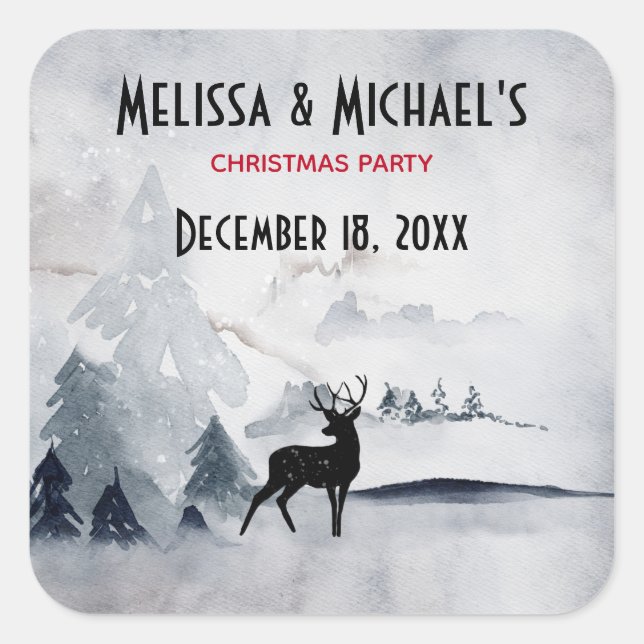 Winter Reindeer Rustic Grey Watercolor Christmas Square Sticker (Front)