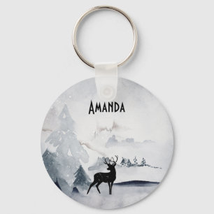 Winter Reindeer Rustic Grey Watercolor Keychain