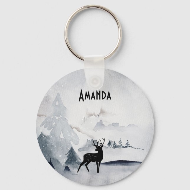 Winter Reindeer Rustic Grey Watercolor Keychain (Front)