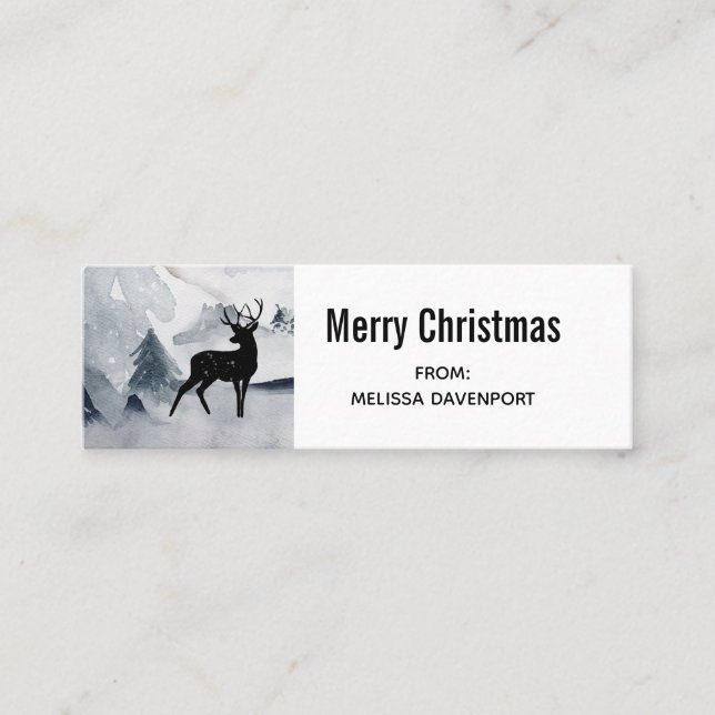  Winter Reindeer Rustic Grey Watercolor Mini Business Card (Front)