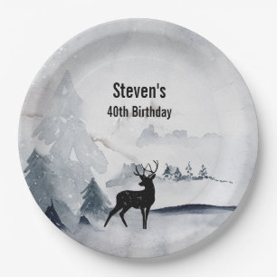 Winter Reindeer Rustic Grey Watercolor Paper Plate