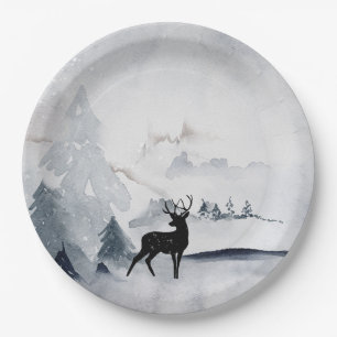 Winter Reindeer Rustic Grey Watercolor Paper Plate