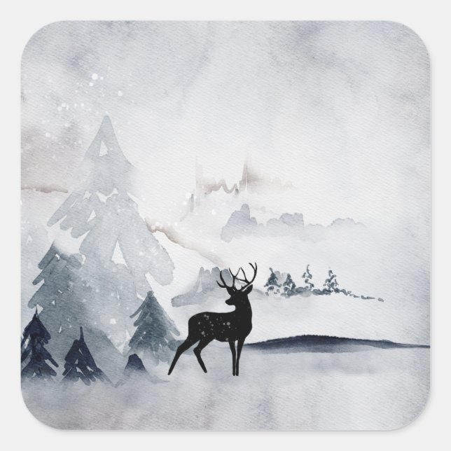 Winter Reindeer Rustic Grey Watercolor Square Sticker (Front)