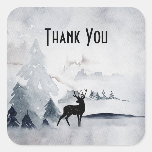 Winter Reindeer Rustic Grey Watercolor Thank You Square Sticker (Front)