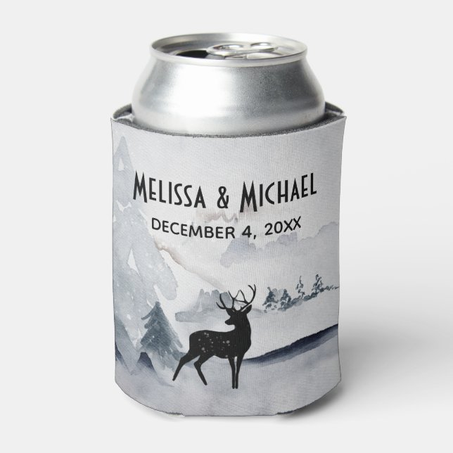 Winter Reindeer Rustic Grey Watercolor Wedding Can Cooler (Can Front)