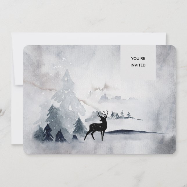 Winter Reindeer Rustic Grey Watercolor Wedding Invitation (Front)