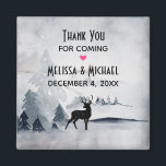 Winter Reindeer Rustic Grey Watercolor Wedding Magnet<br><div class="desc">A magnet with a watercolor image featuring a black silhouette reindeer standing among some pine trees. Grey black and white neutral colour scheme.</div>