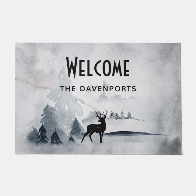 Winter Reindeer Rustic Grey Watercolor Welcome Doormat (Front)