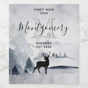 Winter Reindeer Rustic Grey Watercolor Wine Making Wine Label