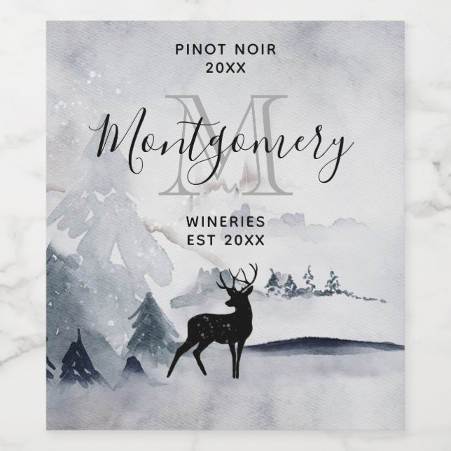 Winter Reindeer Rustic Grey Watercolor Wine Making Wine Label (Single Label)