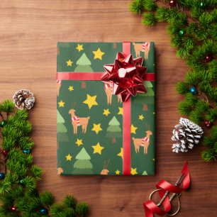 Winter Reindeers Spruce Tree and Yellow Stars Dark Wrapping Paper