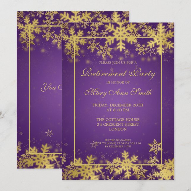 Winter Retirement Party Gold Purple Snowflakes Invitation (Front/Back)