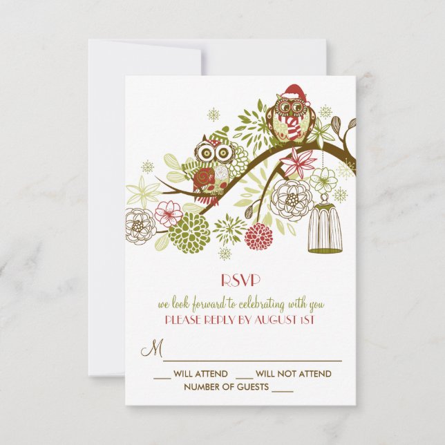 Winter Retro Owls Floral Holiday RSVP Card (Front)