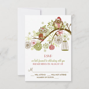 Winter Retro Owls Floral Holiday RSVP Card