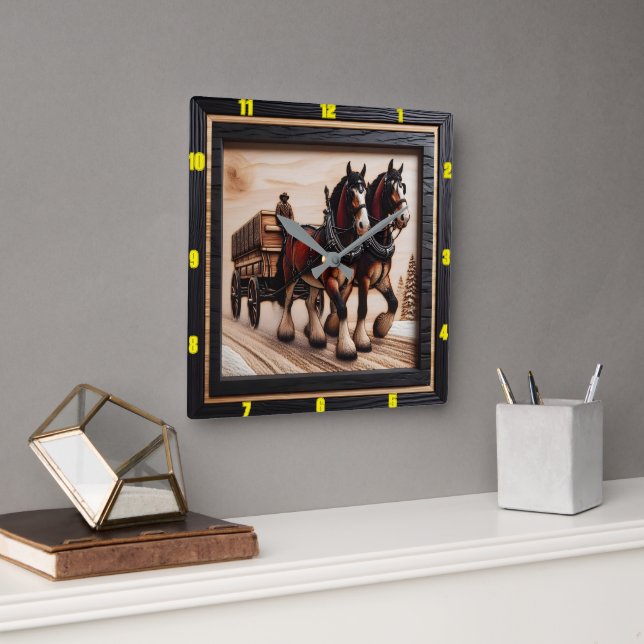 Winter Ride Bespoke Charred Wood Clydesdale Square Wall Clock (Office)