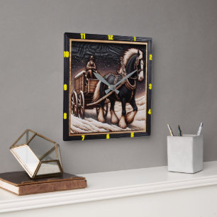 Winter Ride: Customizable Charred Wood Clydesdale Square Wall Clock