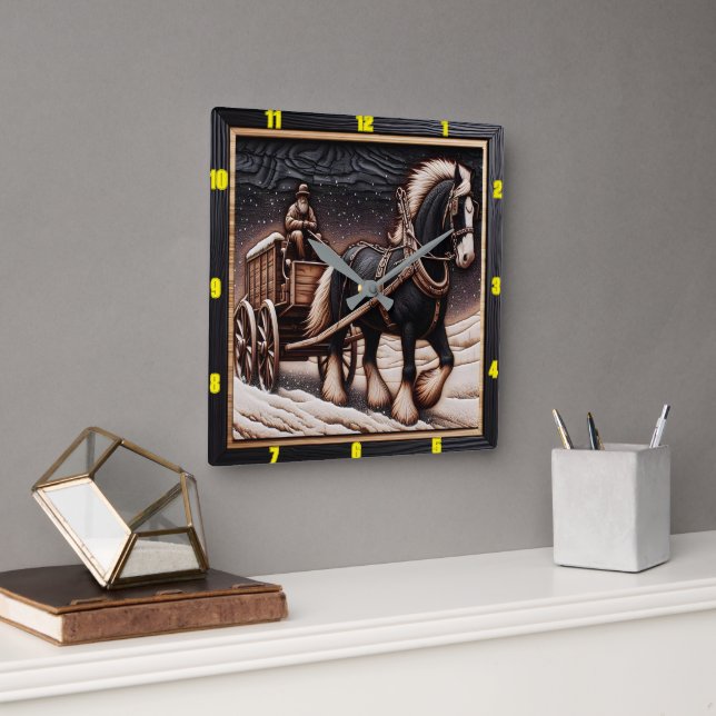 Winter Ride: Customizable Charred Wood Clydesdale Square Wall Clock (Office)