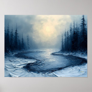 Winter River Bend – Abstract Foggy Forest Scene Poster