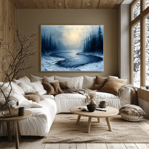 Winter River Bend – Abstract Foggy Forest Scene Poster