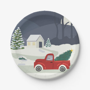 Winter Road Red truck Christmas Paper Plate
