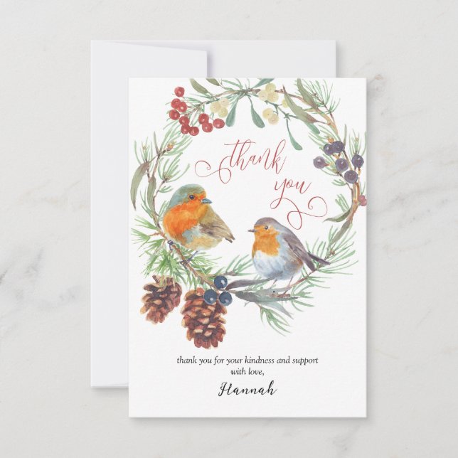 Winter Robin and Pine Wreath Calligraphy Thank You Card (Front)