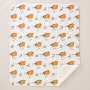 Winter Robin Bird Pattern Watercolor Christmas Sherpa Blanket
