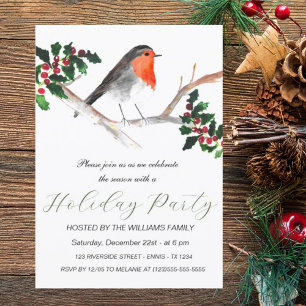 Winter Robin Holly Holiday Party Watercolor  Card