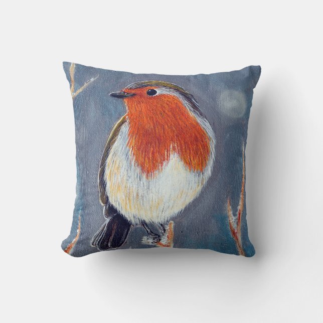 Winter Robin Painting Throw Pillow (Front)
