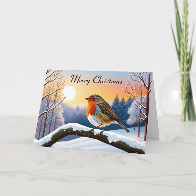 Winter Robin Redbreast Snow Scene Merry Christmas Holiday Card (Front)
