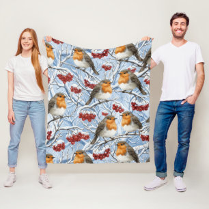 Winter Robins and Snowy Branches Fleece Blanket
