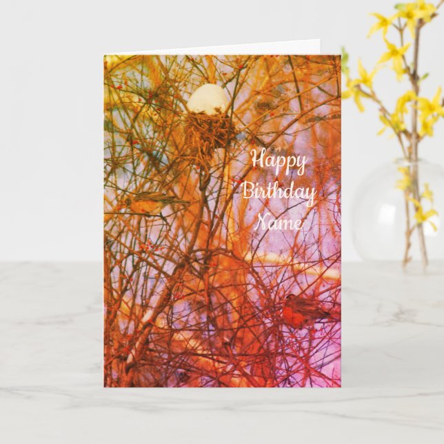 Winter Robins Nature Art Personalized Birthday  Card (Yellow Flower)