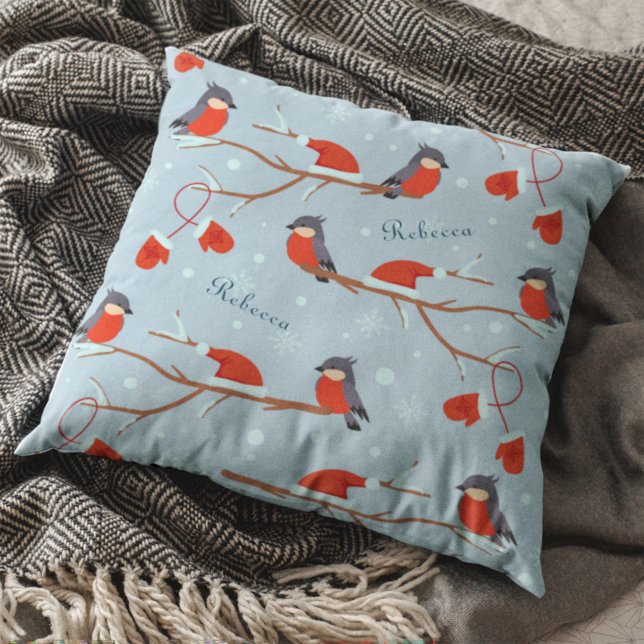 Winter Robins on Tree Branches Cute Bird Pattern Throw Pillow (Creator Uploaded)
