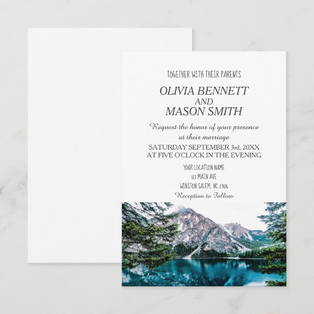 Winter Rocky Mountain Lake Country Wedding Invitation (Front/Back)